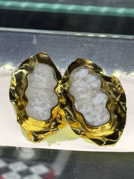 Gold Ripple Earrings with White Inlay